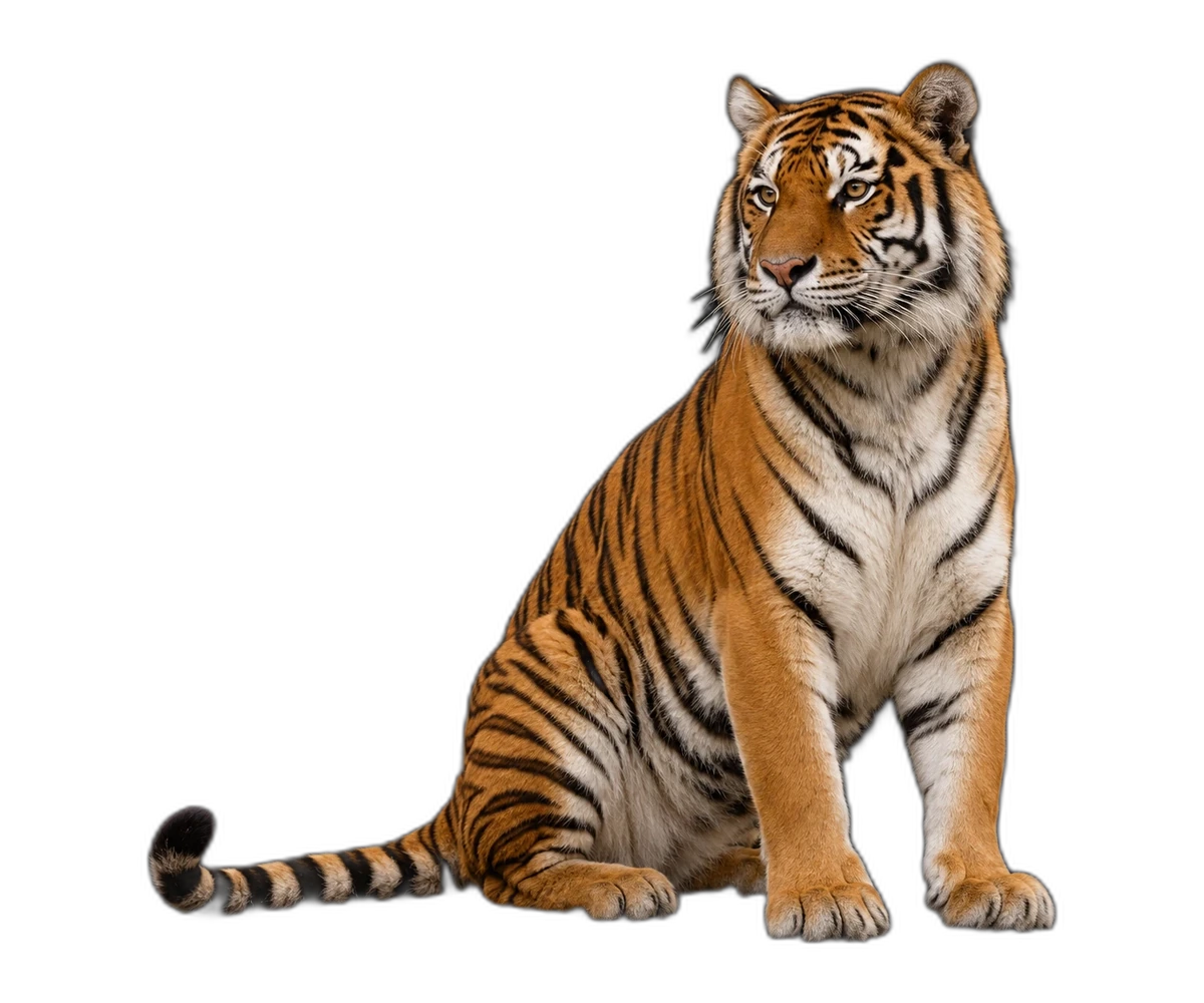 Tigre sentado com patas e cauda visíveis, voltado para o texto